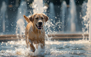 A labrador running through a fountain.